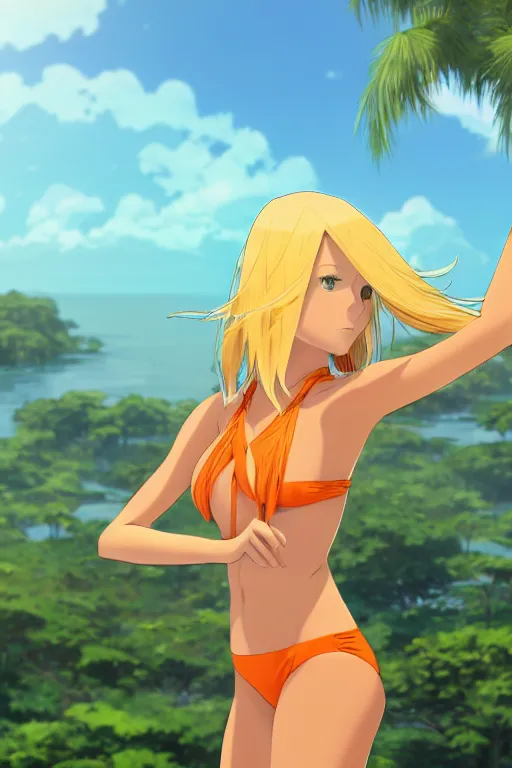 Image similar to beautiful blond woman in orange tribal bikini, blond hair pulled back, by makoto shinkai, 8 k, high resolution render, cinematic, sunset, lake, prehistoric jungle, unreal engine, clean lineart and flat color,