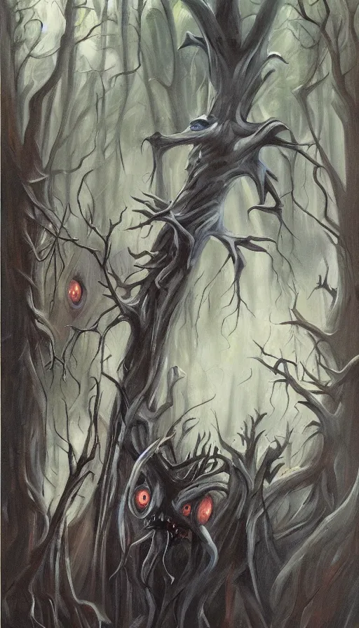 Prompt: a storm vortex made of many demonic eyes and teeth over a forest, by emilia wilk