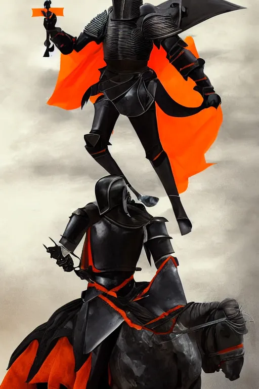 Image similar to a digital photograph of an african american knight in heavy black parmor with orange trim, wearing a black elegant cape flowing in the wind, the knight holds a black sword in one hand, the knight is riding a black horse with mechanized armor who is gallaping, extremely detailed, unreal engine, concept art, 8 k