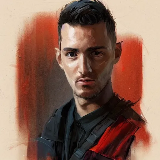 Image similar to Portrait of a man by Greg Rutkowski, he is about 20 years old, copper short hair, his features are a mix between Scottish and Arabian, strong and tall, cool dad vibes, he is wearing utilitarian red and black jumpsuit, highly detailed portrait, digital painting, artstation, concept art, smooth, sharp foccus ilustration, Artstation HQ.