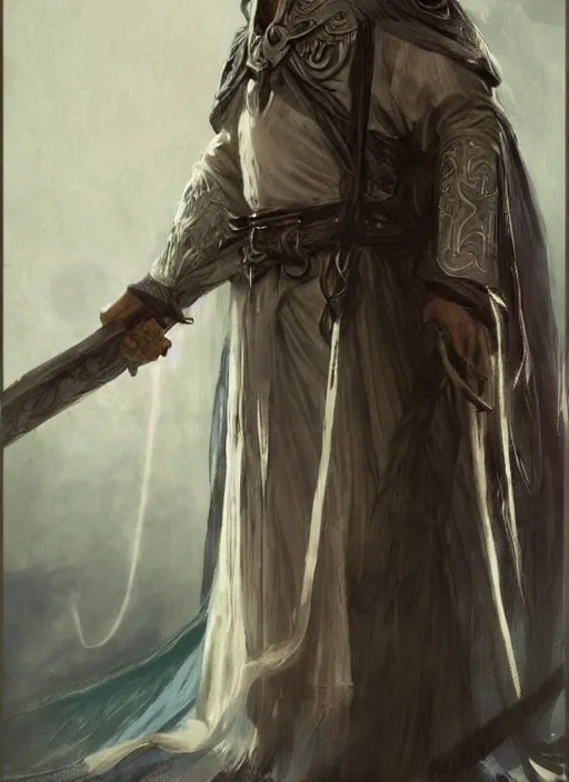 Prompt: medium - length portrait of a male wizard wreathed in arcane sigils with long white hair and glowing blue eyes, long white beard, dark brown skin, stern expression, wears a long robe, medieval setting, dramatic pose, highly detailed, digital painting, artstation, concept art, sharp focus, illustration, art by greg rutkowski and alphonse mucha