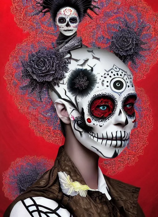 Image similar to dia de los muertos theme surrealist art in the styles of igor morski, jim warren, and aida muluneh, intricate, hyperrealistic, accurate facial details, profile picture with chromakey!!!!! background, volumetric lighting