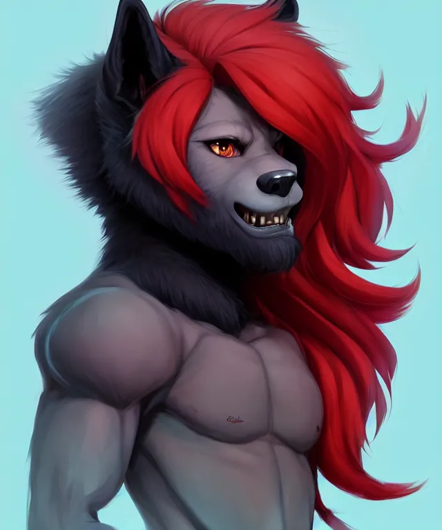 Image similar to character concept art of a black anthropomorphic male furry wolf long red hair | | cute - fine - face, pretty face, key visual, realistic shaded perfect face, fine details by stanley artgerm lau, wlop, rossdraws, james jean, andrei riabovitchev, marc simonetti, and sakimichan, trending on artstation