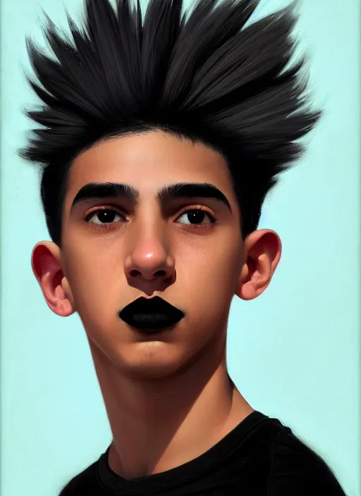 Image similar to portrait of a latino teen boy with a crooked nose and a confident expression, 1 9 6 0 s, black clothes, goth, punk, brightly coloured hair, funk, intricate, elegant, highly detailed, digital painting, artstation, concept art, smooth, sharp focus, illustration, art by wlop, mars ravelo and greg rutkowski