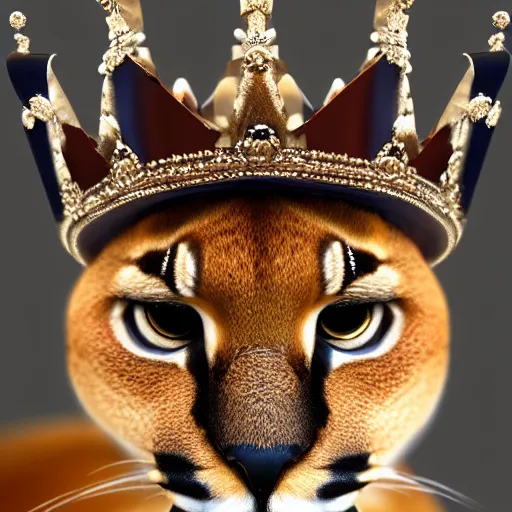 Prompt: caracal, crown on his head, in crown, dressed in crown, crowned, has a crown, cinematic, high detail, cinematography, vfx, 8 k