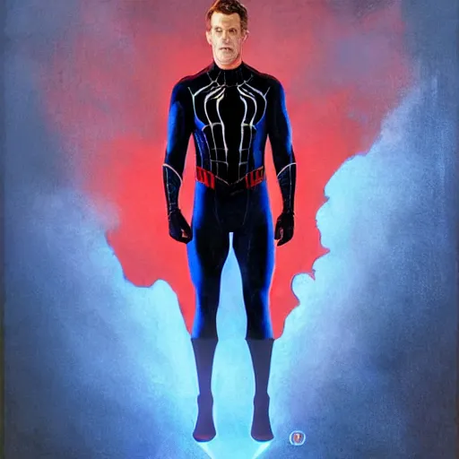 Image similar to ryan reynolds as spider - man, wearing a black and blue suit, cinematic, volumetric lighting, f 8 aperture, cinematic eastman 5 3 8 4 film, photorealistic by greg rutkowski, by stanley artgerm, by alphonse mucha