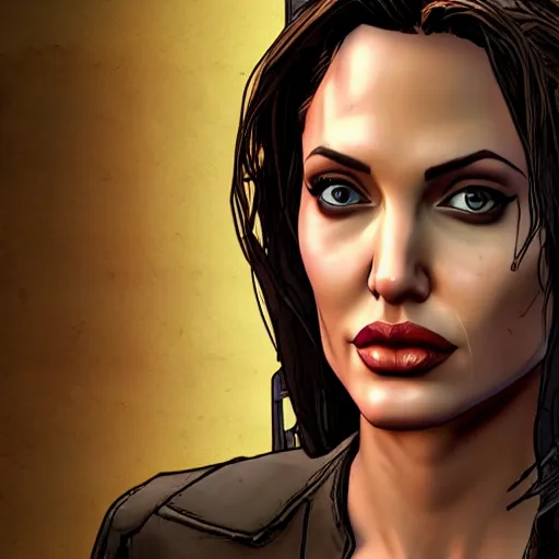 Image similar to angelina jolie portrait, borderlands, tales from the borderlands, the wolf among us, comic, cinematic lighting, studio quality, 8 k