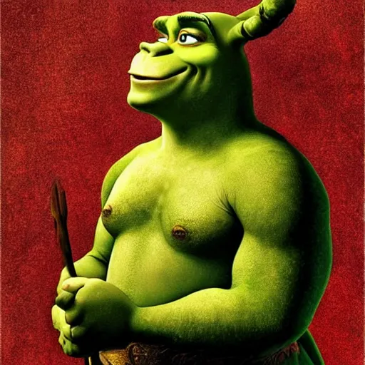 Image similar to shrek from shrek as a glorious devout shining powerful epic amazing awesome very handsome attractive muscular stylish knight in shining golden armor riding donkey, fantasy art, hyper detailed, extremely complex, hyper realistic, similar to the mona lisa, art by leonardo devinci