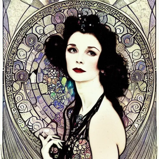 Image similar to vivien leigh with a spiraling nebula for hair beautiful detailed romantic art nouveau face portrait by alphonse mucha and gustav klimt, hauntingly beautiful refined moody dreamscape