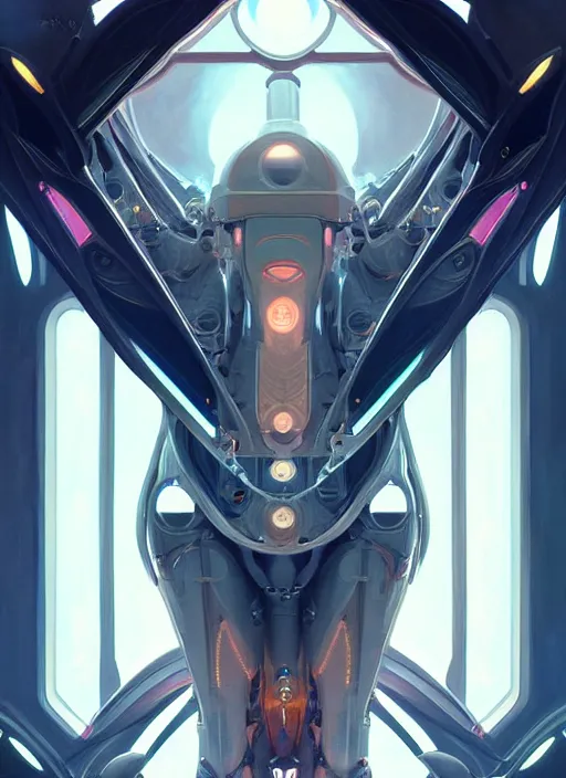 Image similar to symmetry, hi - tech robot in a spaceship intricate, elegant, highly detailed, digital painting, artstation, concept art, smooth, sharp focus, illustration, art by artgerm and greg rutkowski and alphonse mucha