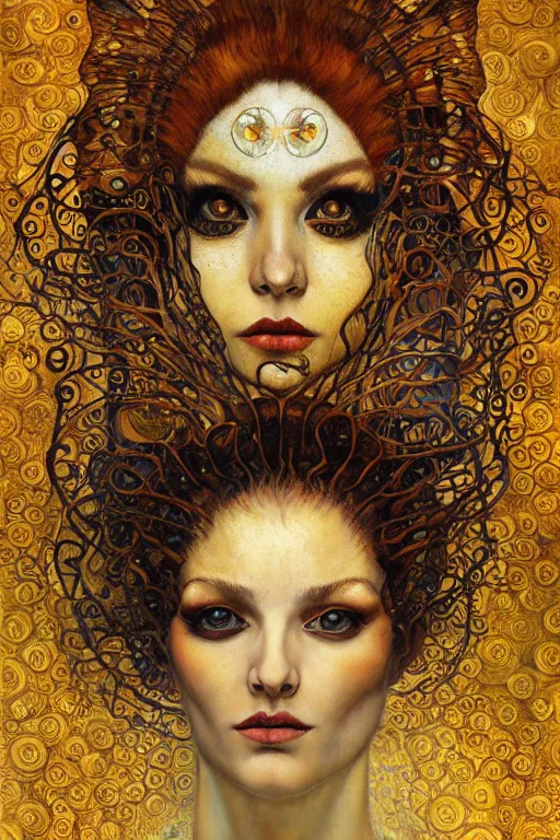 Image similar to Metamorphosis by Karol Bak, Jean Deville, Gustav Klimt, and Vincent Van Gogh, transformation portrait, chimera, visionary, cicada wings, otherworldly, fractal structures, ornate gilded medieval icon, third eye, dynamic, spirals