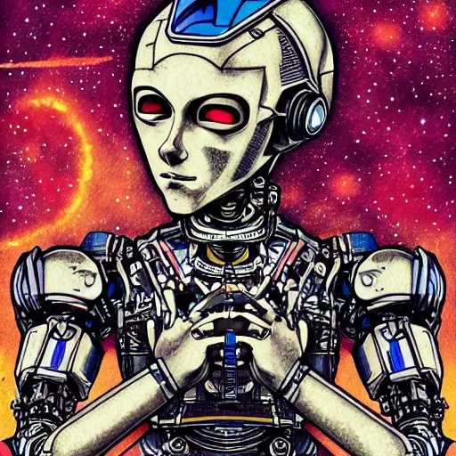 Prompt: detailed intricate color manga illustration of a renaissance Saint as an evil cyborg robot, cyberpunk, in space