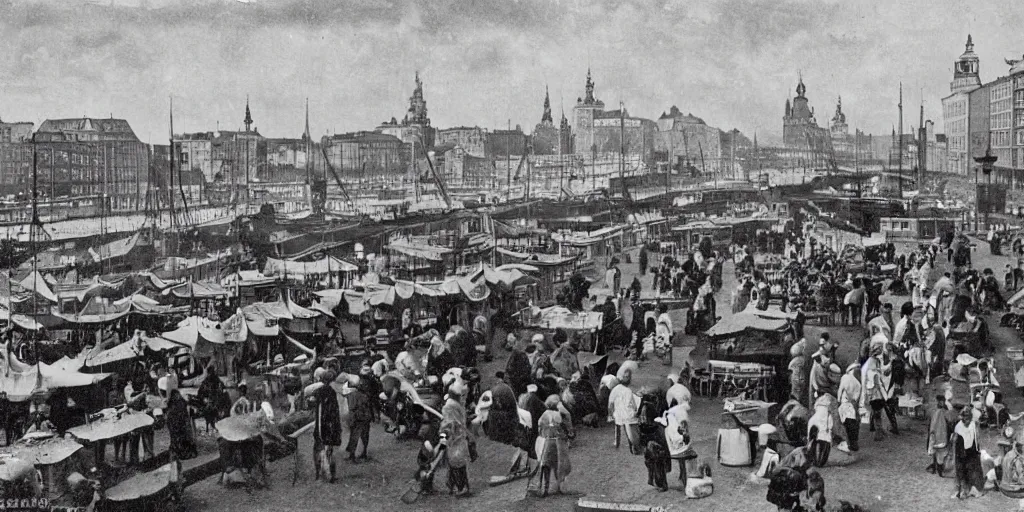 Prompt: 1 8 th century picture of the hamburg fischmarkt next to the river elbe, food stalls, vegetable stands, fishmongers, 1 9 0 0 s photography