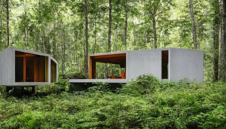 Image similar to A wide image of a full innovative contemporary 3D printed prefab sea ranch style cabin with rounded corners and angles, beveled edges, made of cement and concrete, organic architecture, in a lush green forest Designed by Gucci, Balenciaga, and Wes Anderson, golden hour