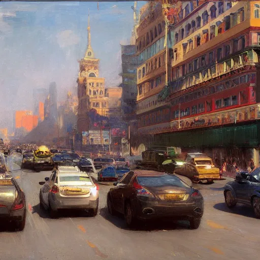 Image similar to A clutter scene of city traffic, maximalism, symmetry, high visual detail, photorealistic, by Ilya Repin and Asher Duran, artstation