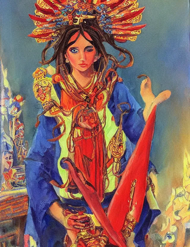 Prompt: chili pepper priestess at the shrine. this heavily stylized oil painting by the beloved children's book illustrator has interesting color contrasts, plenty of details and impeccable lighting.