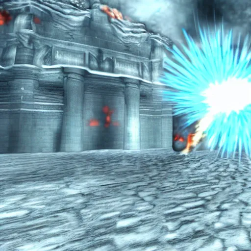Prompt: a screenshot from a ps 2 of a dragon blowing fire on a city of ice, melting it
