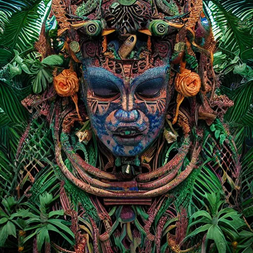 Image similar to mayan supernatural beings, pattern, jungle, intricate entanglement of botanical features, intricate details, octane render, trending on deviantart