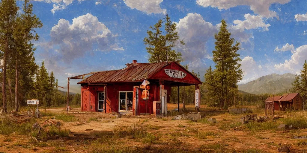 Image similar to an abandoned old rusty American gas station in Colorado mountains, oil painting, highly detailed, artwork, in style of Albert bierstadt