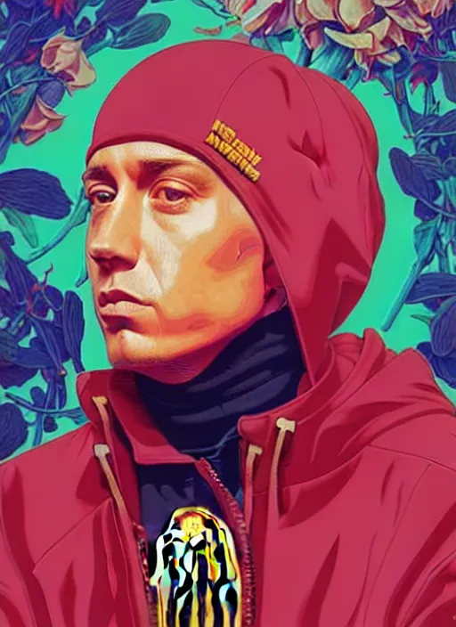 Prompt: eminem at mcdonalds, tristan eaton, victo ngai, artgerm, rhads, ross draws