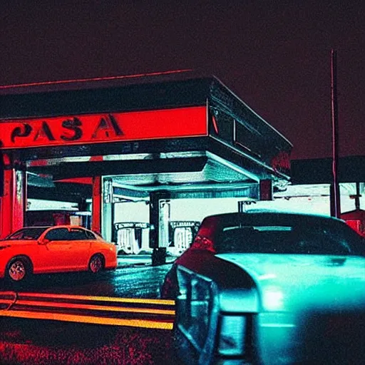 Prompt: “gas station photography, neon, heavy rain, cars, cyberpunk, various subjects, 8k, high detail, digital photography, in the style of William eggleston”