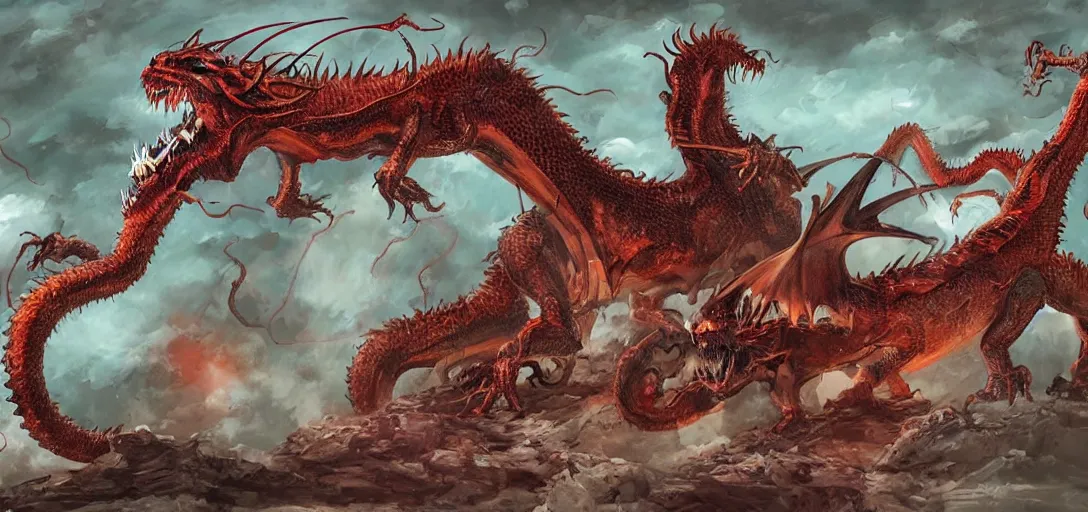 Image similar to concept art of dragon attack, lovecraftian, lots of teeth, melting horror, feathers, fighting the horrors of the unknown with laser guns