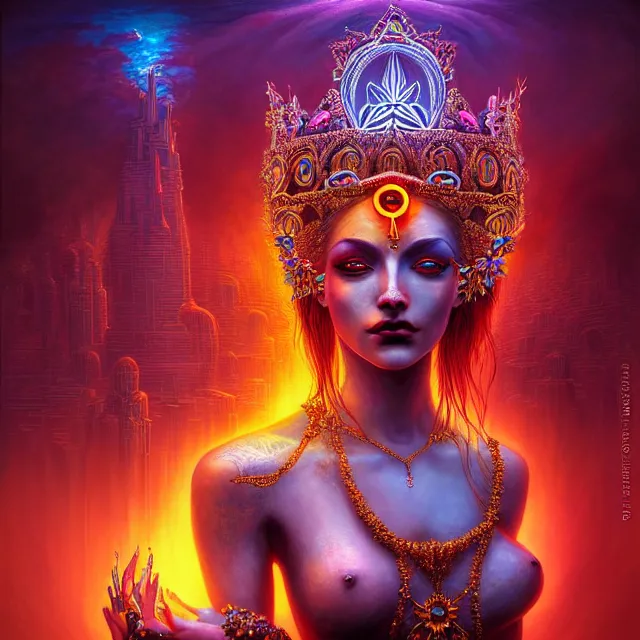 Prompt: Beautiful 3d render of the flower illuminati queen goddess in a sensual pose, with the third eye on her forehead, atmospheric lighting, painted, intricate, volumetric lighting, beautiful, rich deep colours masterpiece, sharp focus, ultra detailed, in the style of Dan Mumford and marc simonetti, with a crowded futuristic cyberpunk dubai city with tall gothic buildings in the background, astrophotgraphy