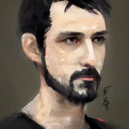 Image similar to Portrait of a man by Greg Rutkowski, he is about 40 years old, short black hair with bangs, his features are a mix between French, Turkish and Russian, dad vibes, he is wearing a white and black utility jumpsuit, highly detailed portrait, digital painting, artstation, concept art, smooth, sharp foccus ilustration, Artstation HQ.