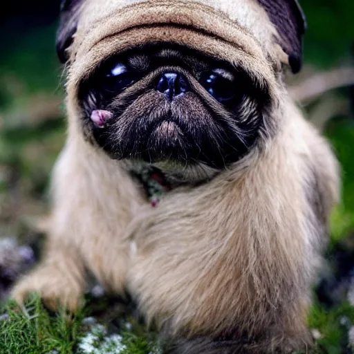 Image similar to an ewok that looks like a pug, national geographic photography