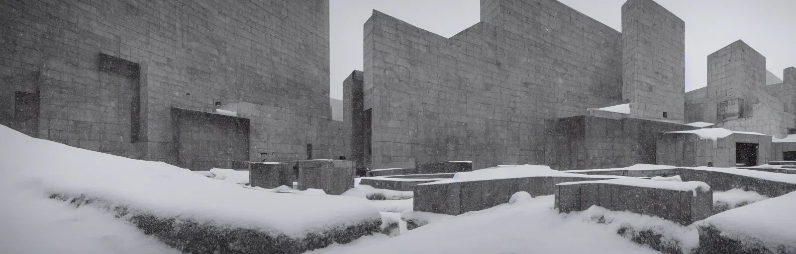 Image similar to snow falling on brutalist monastery, the monastery is on top of a black snowy mountain, the concrete monastery has walkways, skybridges, stairways, white marble statues on pedestals in the background, depth of field, sharp focus, clear focus, beautiful, award winning architecture, hopeful, quiet, calm, serene