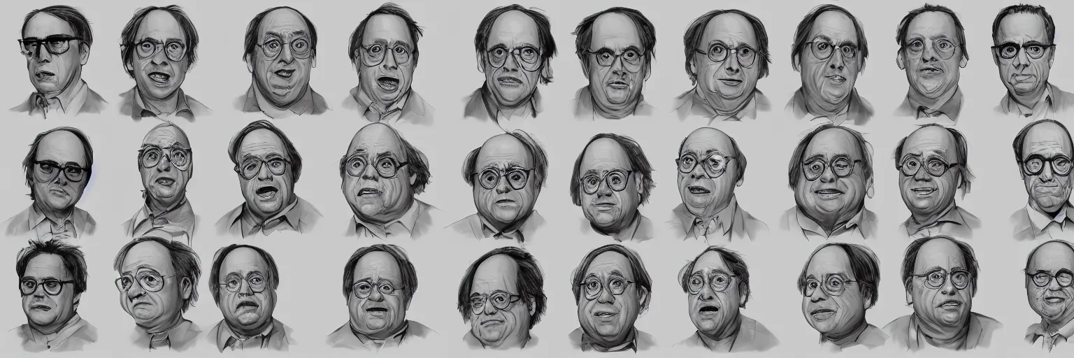 Image similar to character study of todd solondz and steve buscemi and danny devito, 2 0 2 2, clear faces, emotional, character sheet, fine details, concept design, contrast, kim jung gi, pixar and da vinci, trending on artstation, 8 k, full body and head, turnaround, front view, back view, ultra wide angle