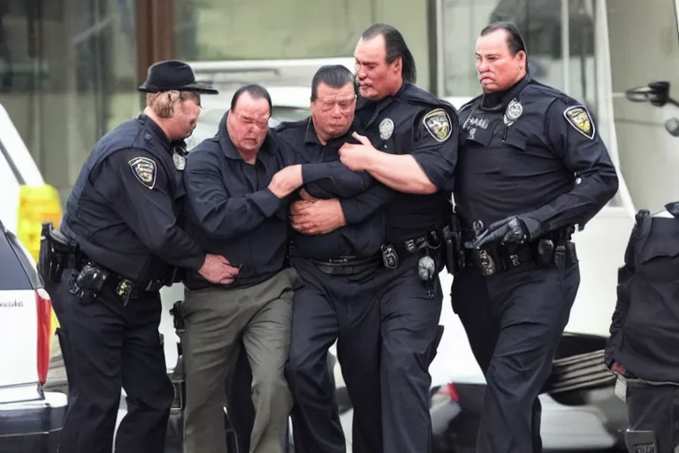 Image similar to sad steven seagal being taken into custody, realistic, detailed