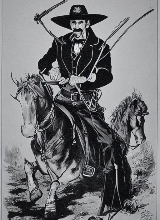 Prompt: Barry Chuckle is the most rootinest, tootinest sheriff of the old West. Lithograph 1889