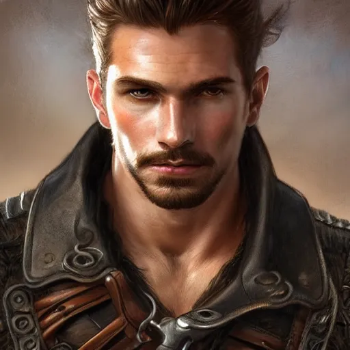 Image similar to portrait of a young, ruggedly handsome ranger, muscular, half body, leather, smirk, fantasy, intricate, elegant, highly detailed, digital painting, artstation, concept art, smooth, sharp focus, illustration, art by artgerm and greg rutkowski and alphonse mucha