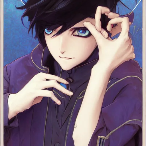 Image similar to small boy with black hair and blue purple eye, school uniform, anime style, hyper detailed, illustration, digital painting, art by artgerm and greg rutkowski and alphonse mucha, high delicate defined details, anime stylized, highly detailed, realistic, sharp focus