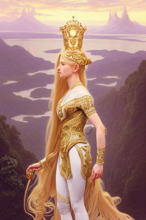 Image similar to portrait of a humanoid princess with long blonde hair, standing next to a beautiful view, ornate white officers outfit with gold embellishments, intricate, elegant, highly detailed, digital painting, artstation, concept art, smooth, sharp focus, illustration, art by artgerm and greg rutkowski and alphonse mucha, 8 k