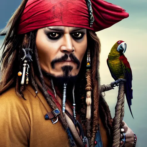 Image similar to jack sparrow with a parrot on the shoulder, realistic portrait, 8k resolution, hyper detailed, studio lighting, cinematic