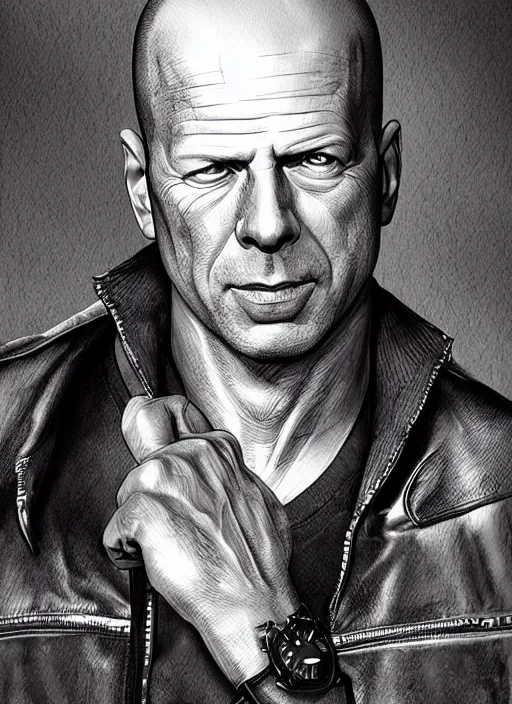 Prompt: highly detailed ink illustration of bruce willis, unreal engine, octane render, b & w clean shaped illustration by ross tran