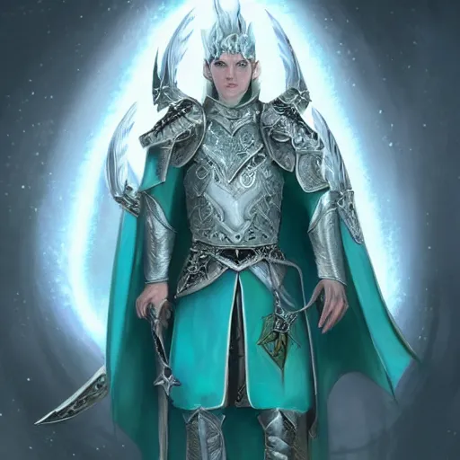 Image similar to handsome male snow elf in a turquoise cape and silver ornate armour, albino skin, ultra detailed fantasy, elden ring, realistic, dnd character portrait, full body, dnd, rpg, lotr game design fanart by concept art, behance hd, artstation, deviantart, global illumination radiating a glowing aura