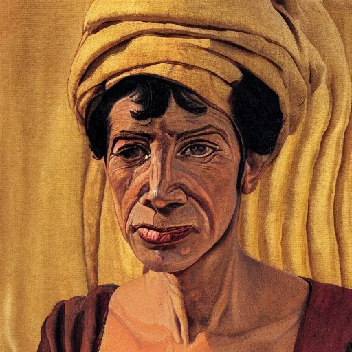 Image similar to Close-up portrait of 30 year old Mediterranean skinned woman in ancient canaanite clothing, painting by Paula Rego, high detail, high resolution