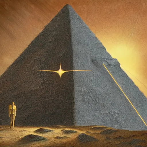 Image similar to Helios guarding the pyramid of Cheops, dessert, ancient world, realistic, god, dramatic lightning, very detailed, concept art,