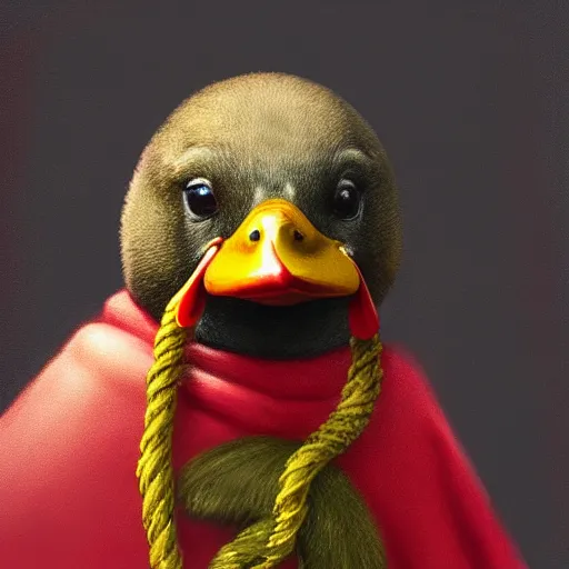 Image similar to portrait of cute mallard duck, wearing cultist red robe, noose around neck, doing witchcraft, expressive oil painting, digital art, octane render