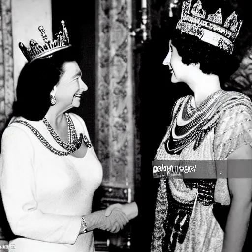 Prompt: detailed black and white photo of queen elizabeth ii meeting cleopatra in egypt