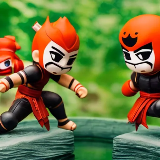 Image similar to photo of nendroid figures inside a diorama, depicting the cute fighters of mortal kombat brutally fighting each other inside a shaolin temple next to a spike - pit.