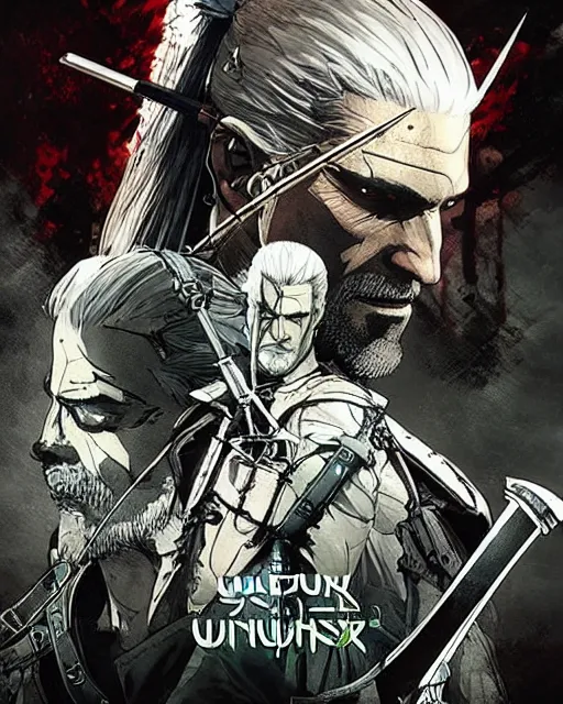 Image similar to witcher boxart by yoji shinkawa and yoji shinkawa and yoji shinkawa and yoji shinkawa