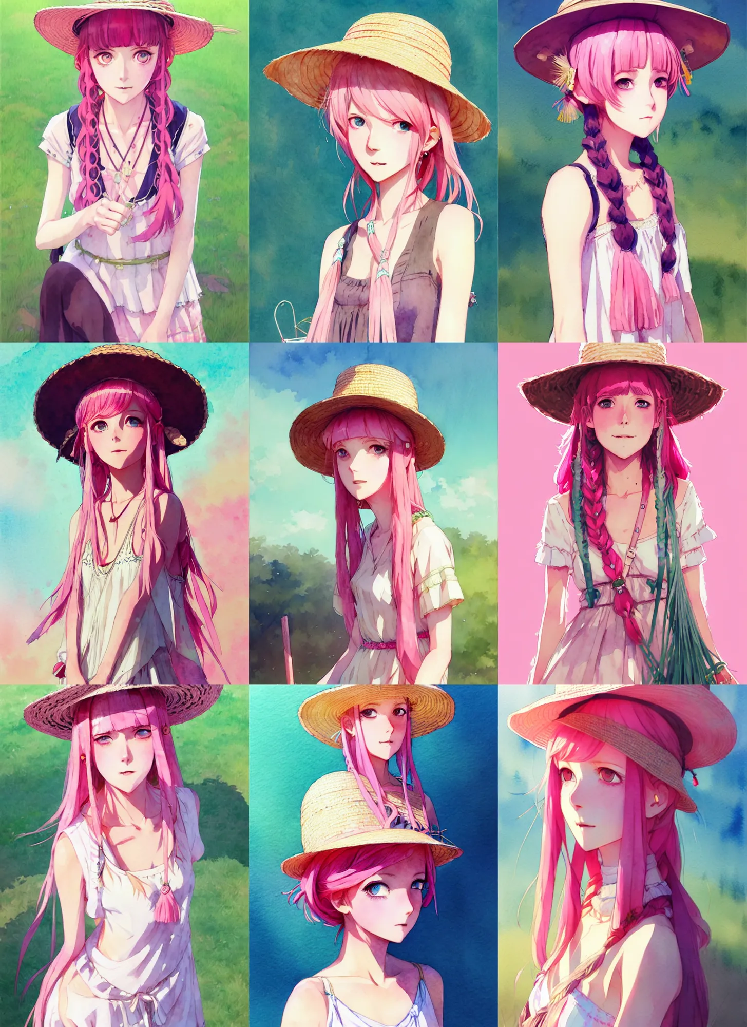 Prompt: portrait of a cute girl with pink hair with straw hat dress in boho style camping, symmetry face, top lighting, cute - fine - face, ( watercolor ), art by hidari and krenz cushart and wenjun lin and starember and kuvshinov ilya