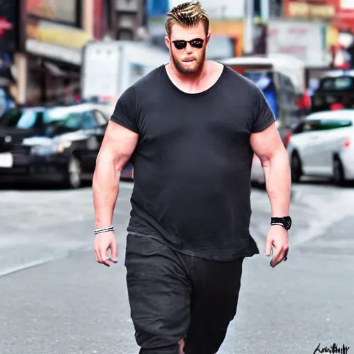 Image similar to Obese Chris Hemsworth spotted in the city, TMZ, Sony a7R IV, symmetric balance, polarizing filter, Photolab, Lightroom, 4K, Dolby Vision, Photography Award