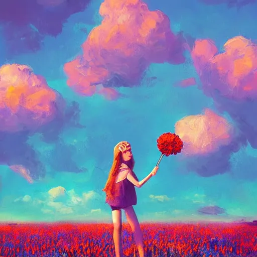 Image similar to girl with a giant carnation head, surreal photography, flower field, sunset dramatic light, impressionist painting, colorful clouds, blue sky, digital painting, artstation, simon stalenhag