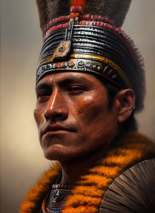 Prompt: portrait of the aztec warrior - priest, detailed realism face in painting, detailed beautiful portrait, oil painting masterpiece, 8 k resolution, smooth, sharp focus, trending on artstation, by rembrandt