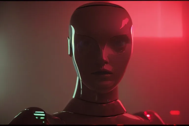 Image similar to film still of closeup sleek futuristic humanoid robot in blade runner 2 0 4 9, lobby, cinematic, moody, gritty neon noir by emmanuel lubezki